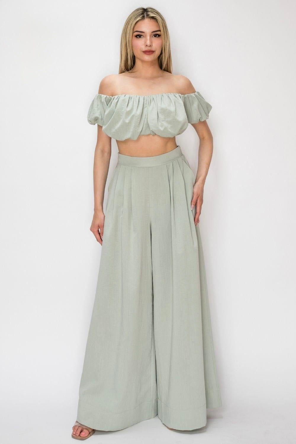 Amelia Top & Palazzo Pant Set – Off-Shoulder Two-Piece for