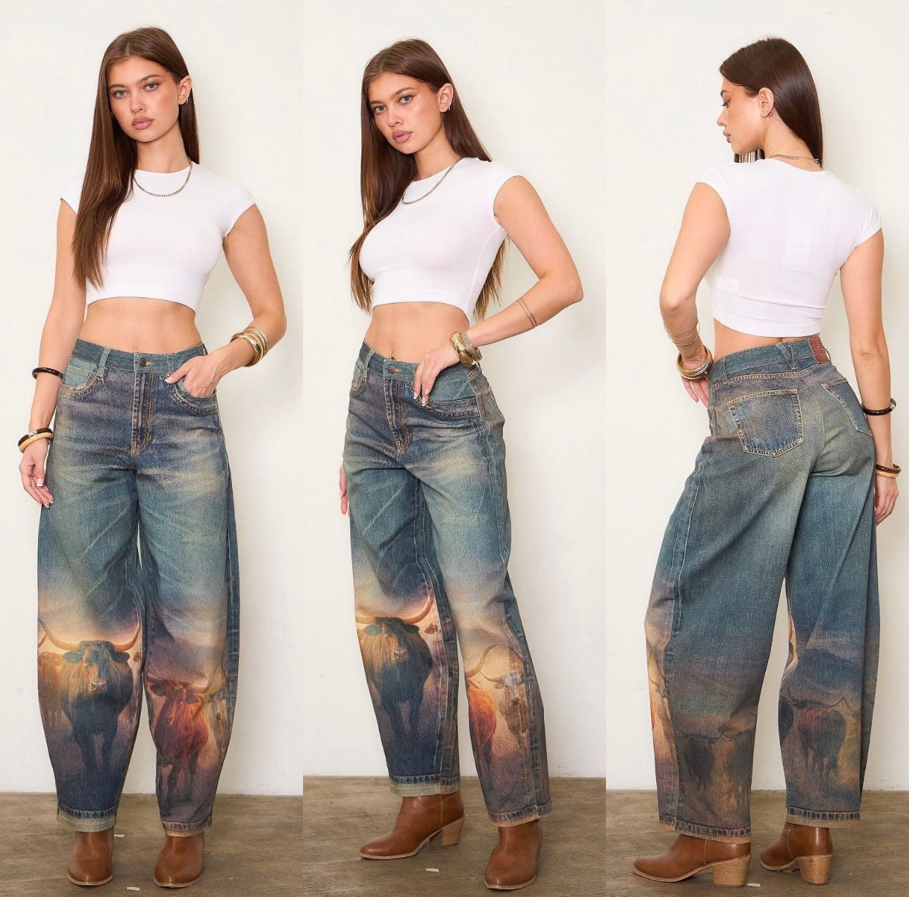A three-view model photo showing a woman wearing wide-leg blue jeans with a scenic landscape print on the lower legs, paired with a white crop top and brown boots against a plain white wall.