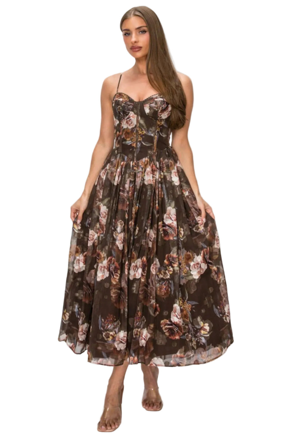 A woman modeling a brown floral midi dress with a fitted bodice and full skirt, shown against a light gray studio background. Text in the upper left reads 'WH7585 BROWN'.