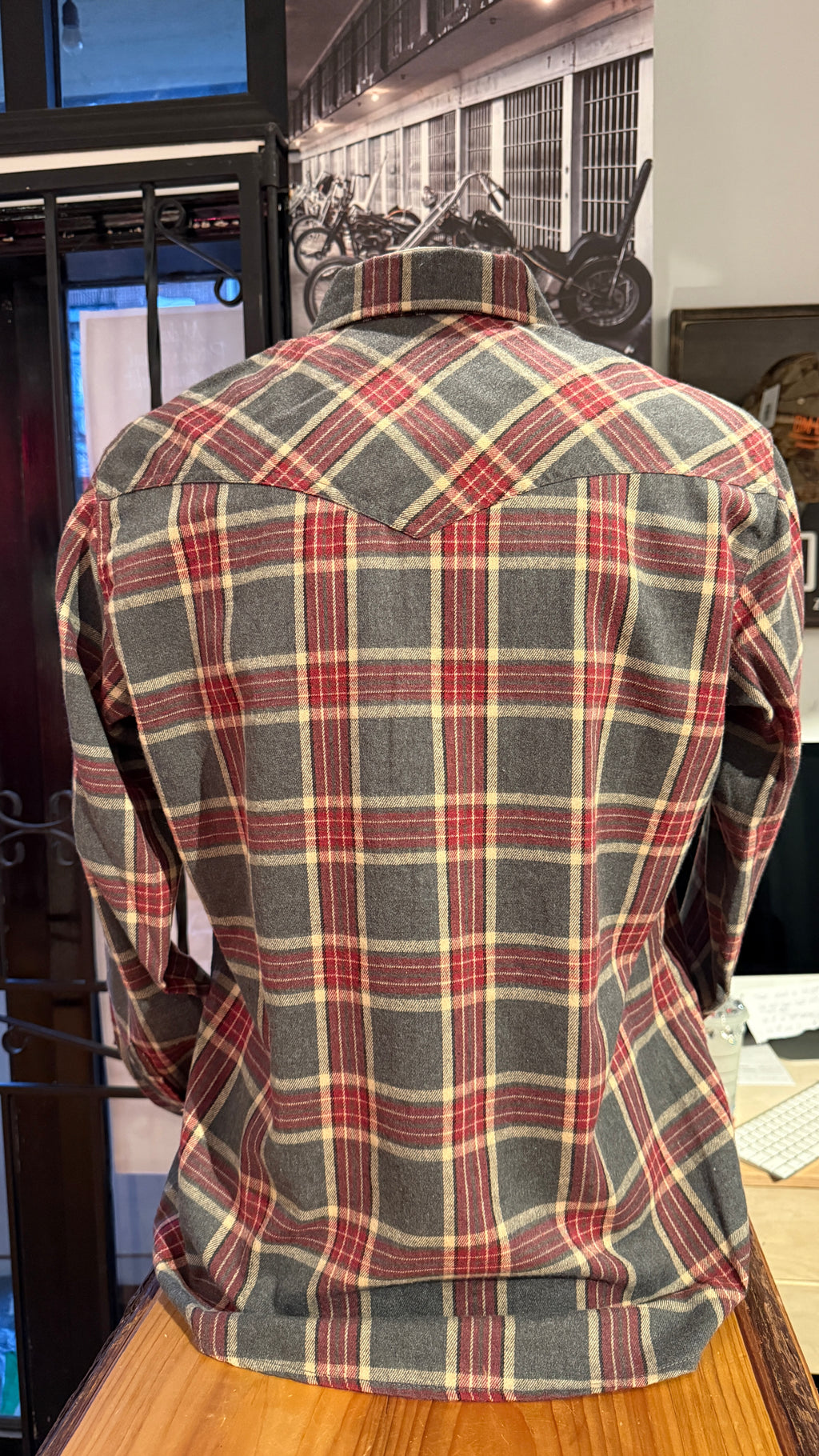 Plaid shirt on a hanger with a blurred indoor background
